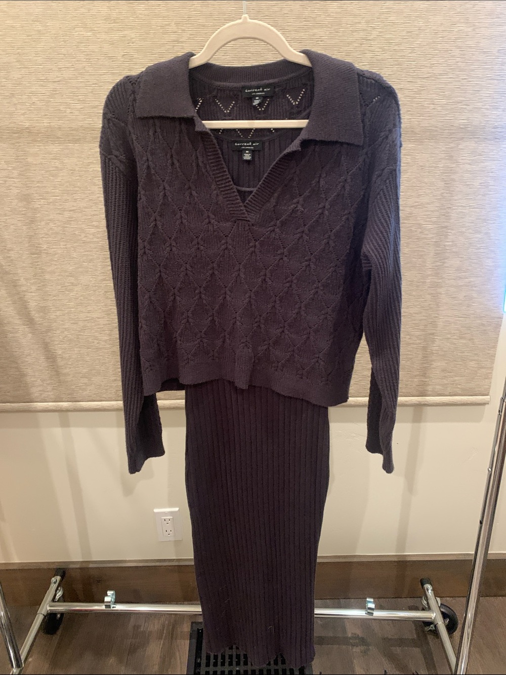 Current Air Dark Plum V-Neck Cable Knit Sweater Set